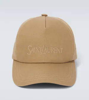 Cotton and linen gabardine baseball cap with Saint Laurent logo, beige