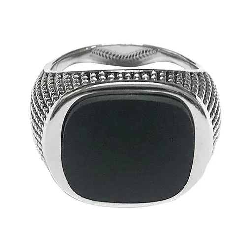 Cross Etched Black Onyx Sterling Silver Ring