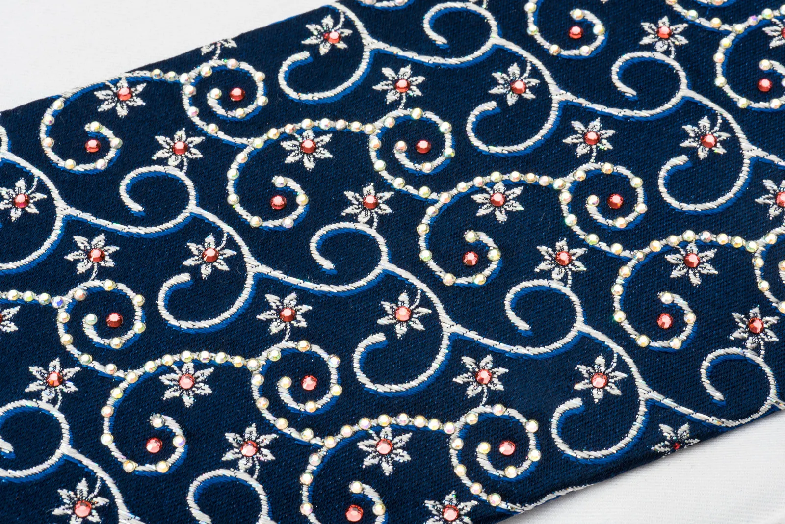 Daks Rhinestone Silk Necktie Silver Floral Scrolls On Blue With Silver Sparkles