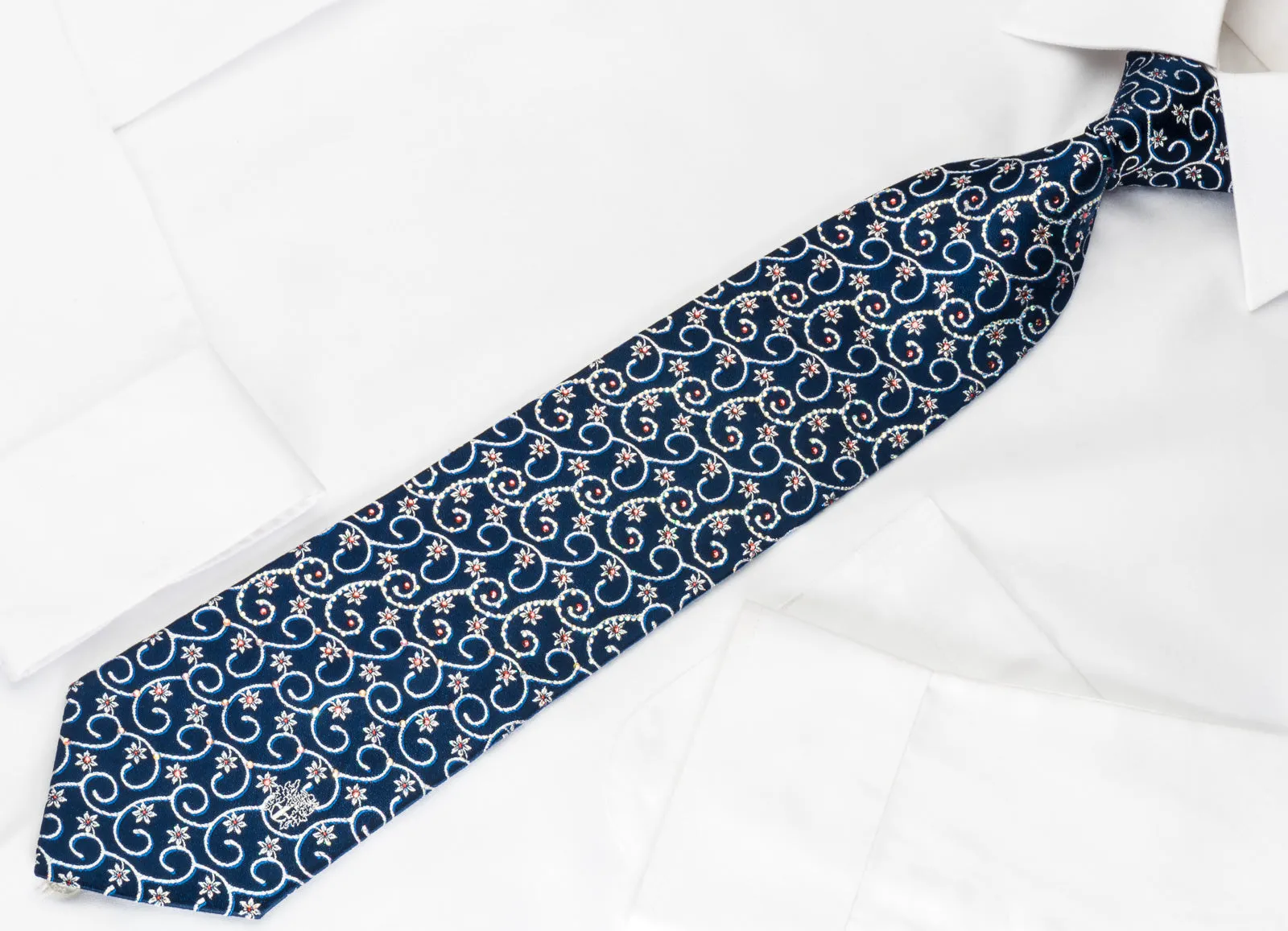 Daks Rhinestone Silk Necktie Silver Floral Scrolls On Blue With Silver Sparkles