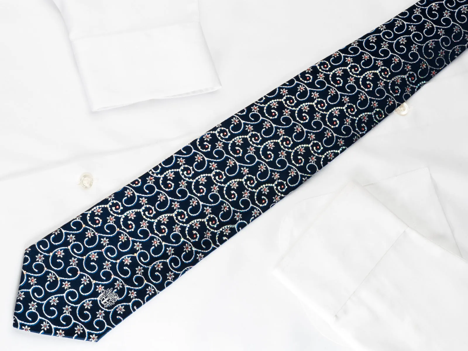 Daks Rhinestone Silk Necktie Silver Floral Scrolls On Blue With Silver Sparkles