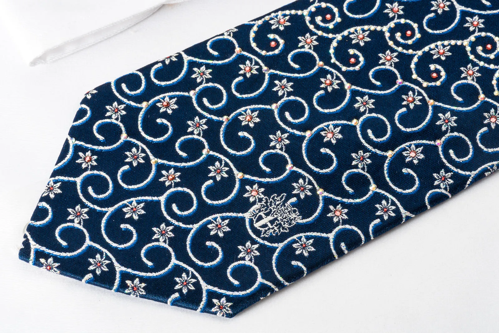 Daks Rhinestone Silk Necktie Silver Floral Scrolls On Blue With Silver Sparkles