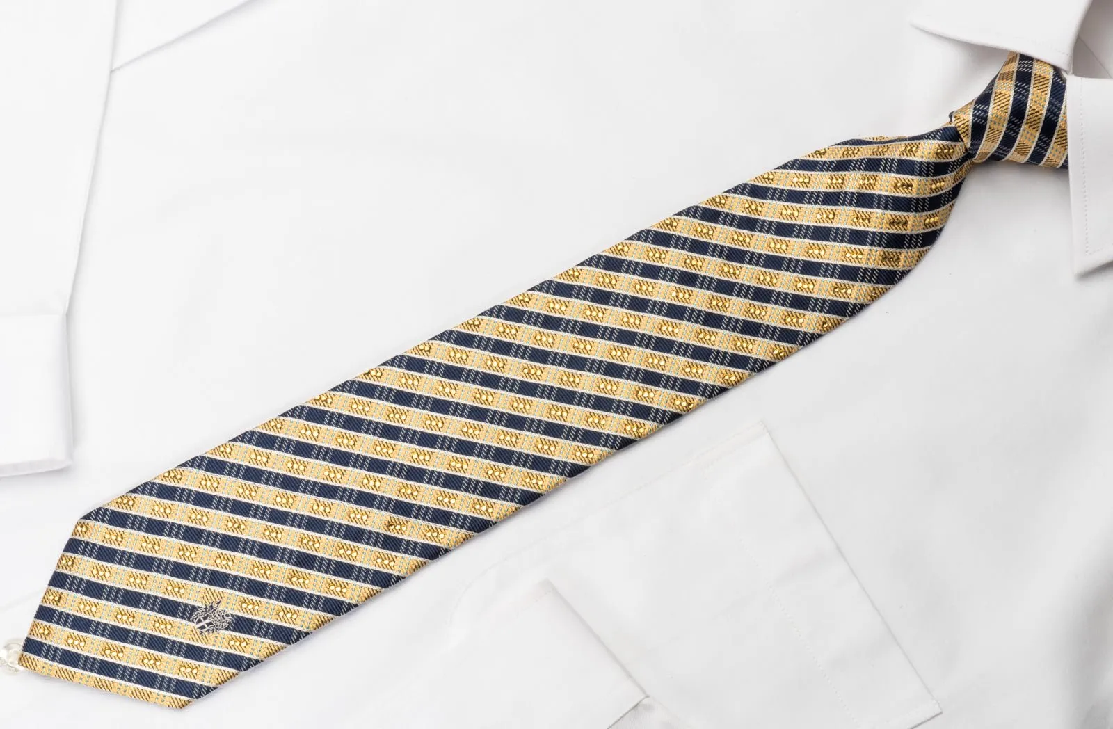 Daks Silk Rhinestone Tie Black Gold Stripes With Silver Blue Sparkles