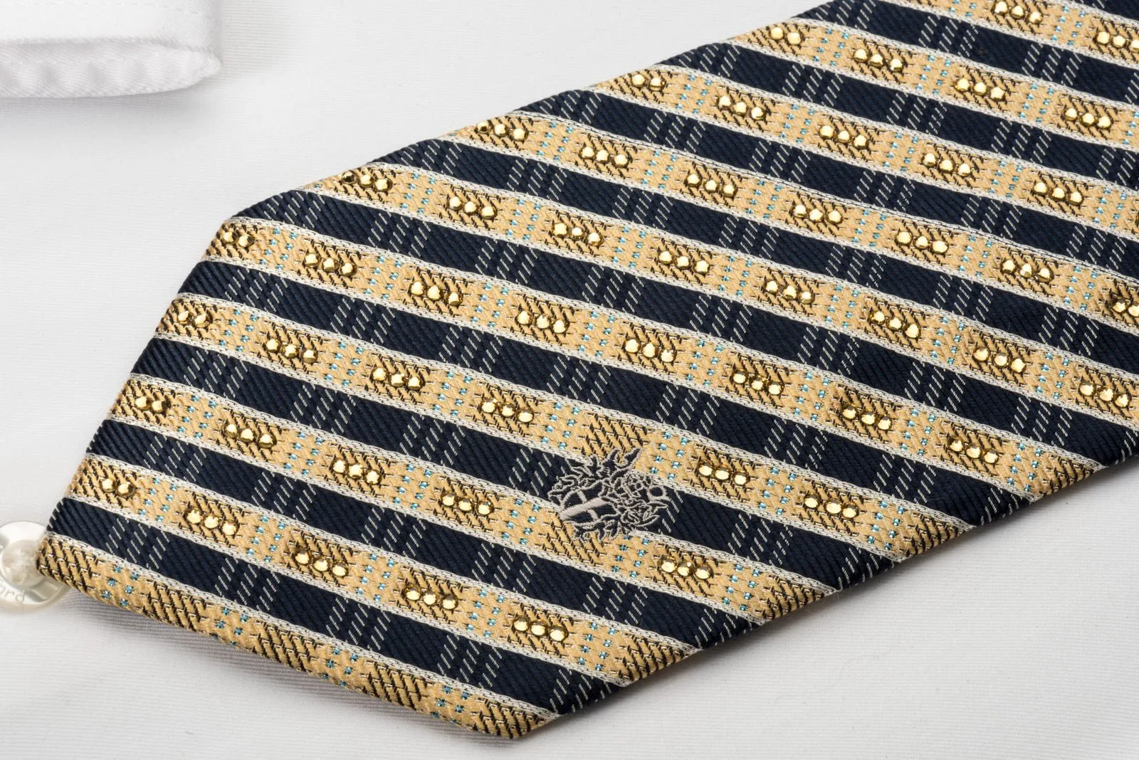 Daks Silk Rhinestone Tie Black Gold Stripes With Silver Blue Sparkles