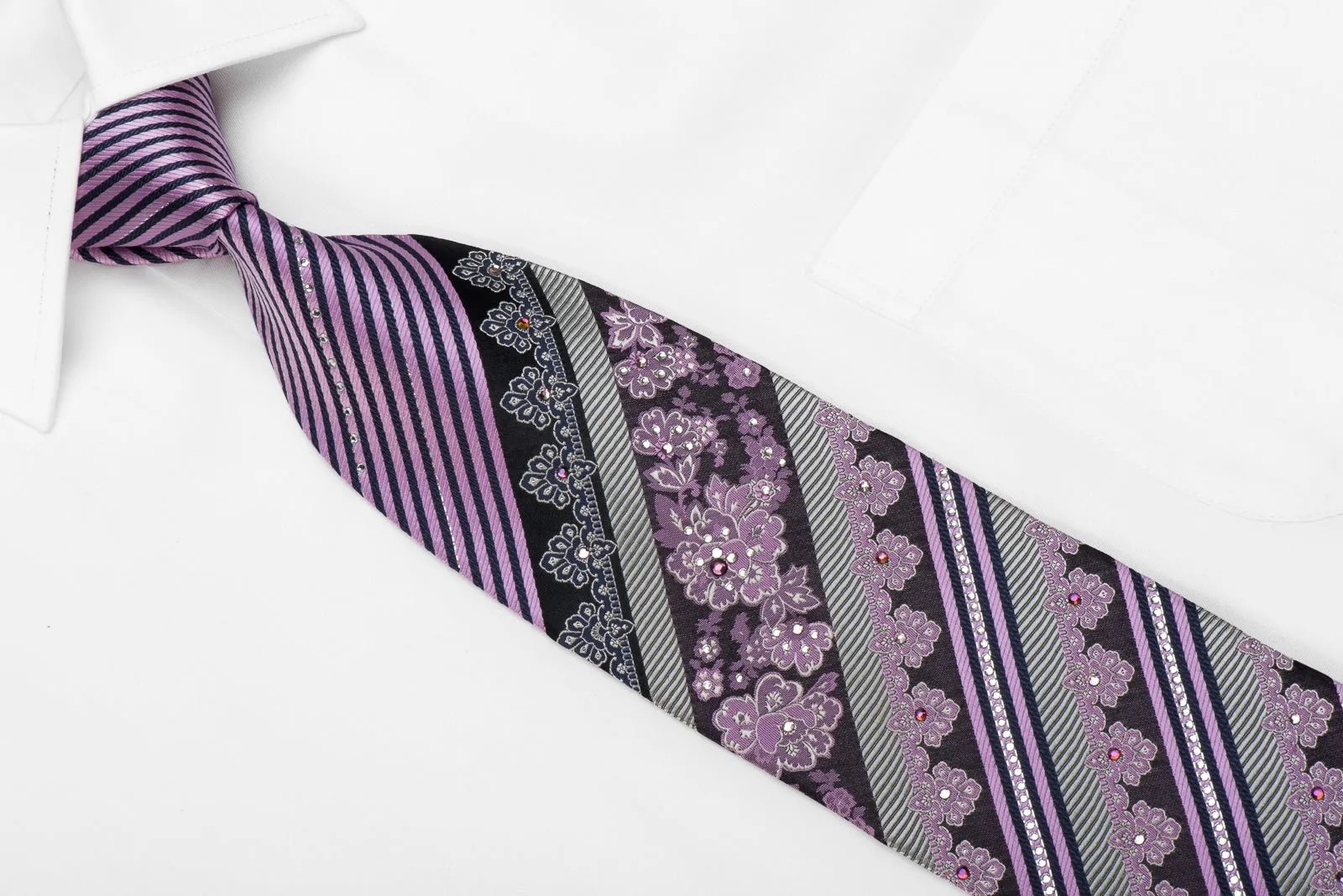 Daniel Hechter Men's Crystal Silk Necktie Purple Striped & Floral On Black With Silver Sparkles