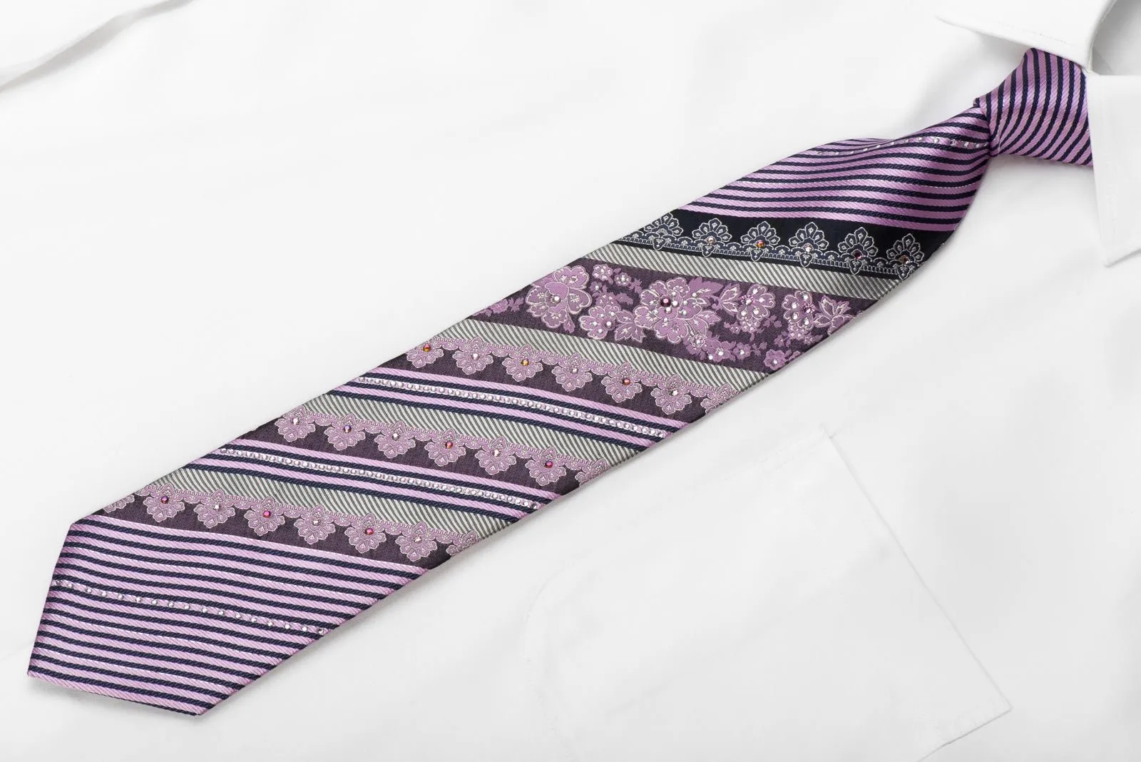 Daniel Hechter Men's Crystal Silk Necktie Purple Striped & Floral On Black With Silver Sparkles