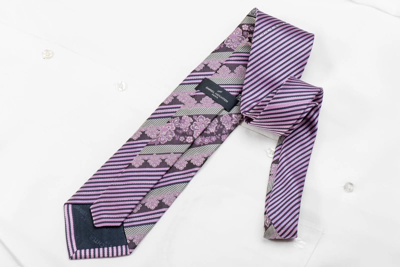 Daniel Hechter Men's Crystal Silk Necktie Purple Striped & Floral On Black With Silver Sparkles