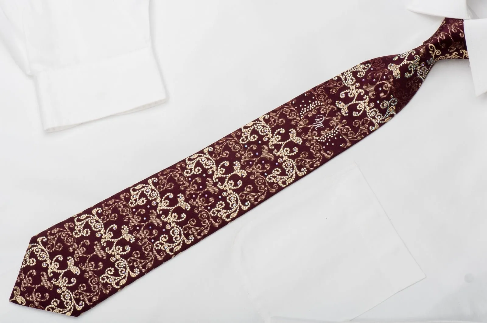 Daniel Hechter Men's Rhinestone Silk Tie Golden Damask On Burgundy With Sparkles