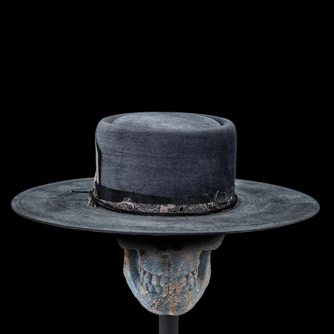 Distressed Fedora with Black Poker Card Insert Featuring Ace of Spades  Adorned with Gold Text and Design