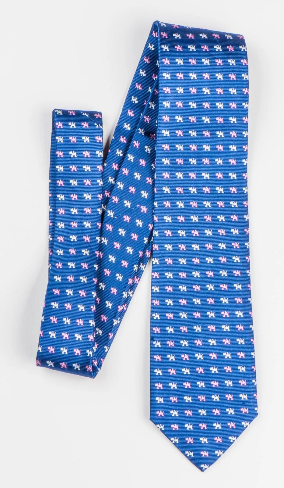 Elegance Woven Silk Neck Tie Pink White Scotty Dogs On Blue 2 3/4 Inch