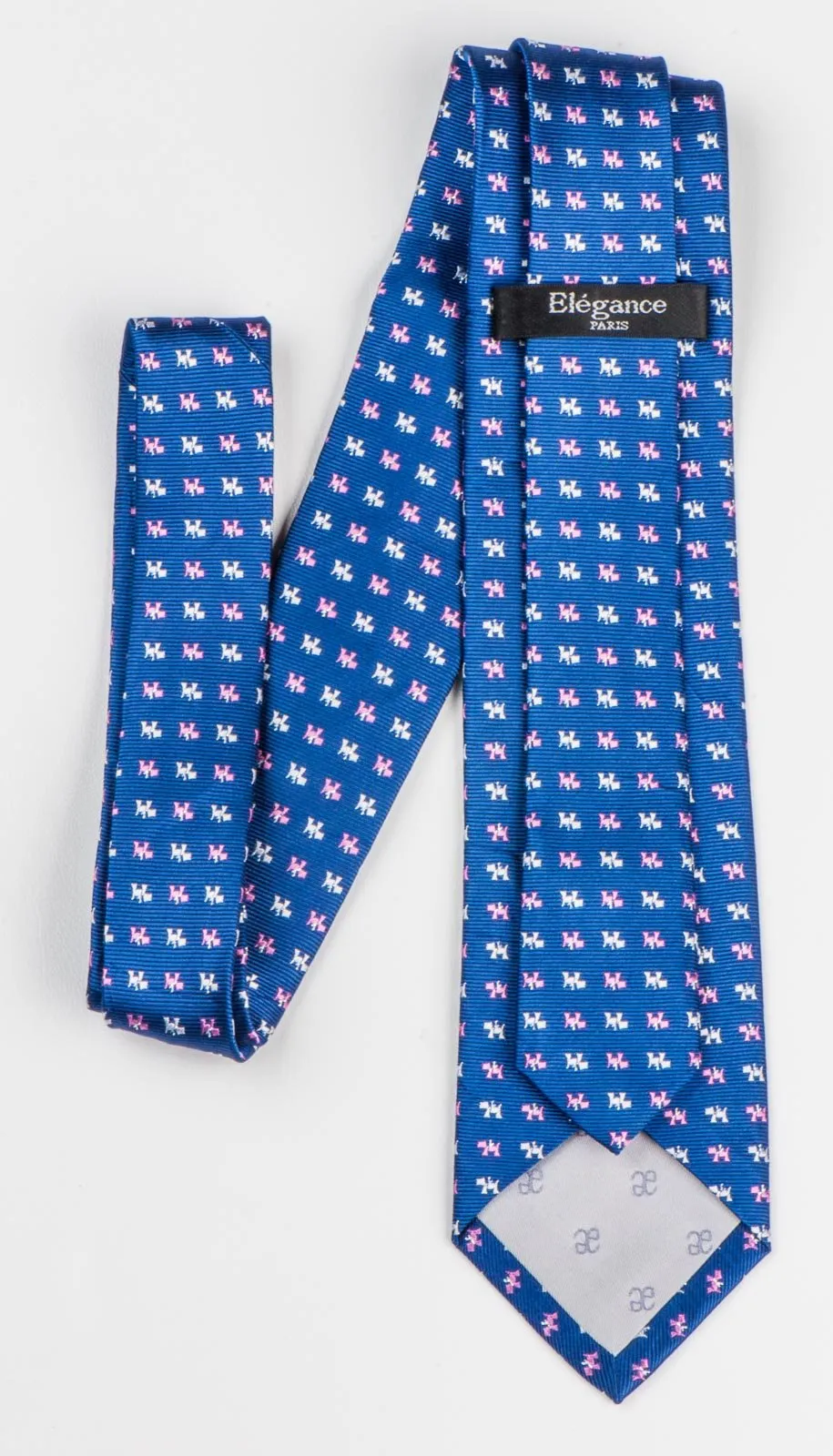 Elegance Woven Silk Neck Tie Pink White Scotty Dogs On Blue 2 3/4 Inch