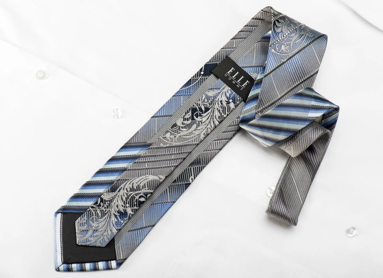 Elle Homme Men's Crystal Rhinestone Necktie Silver Blue Striped & Acanthus On Navy With Sparkles