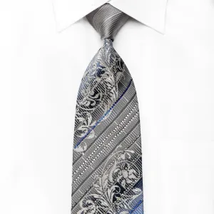 Elle Homme Men's Crystal Rhinestone Necktie Silver Blue Striped & Acanthus On Navy With Sparkles