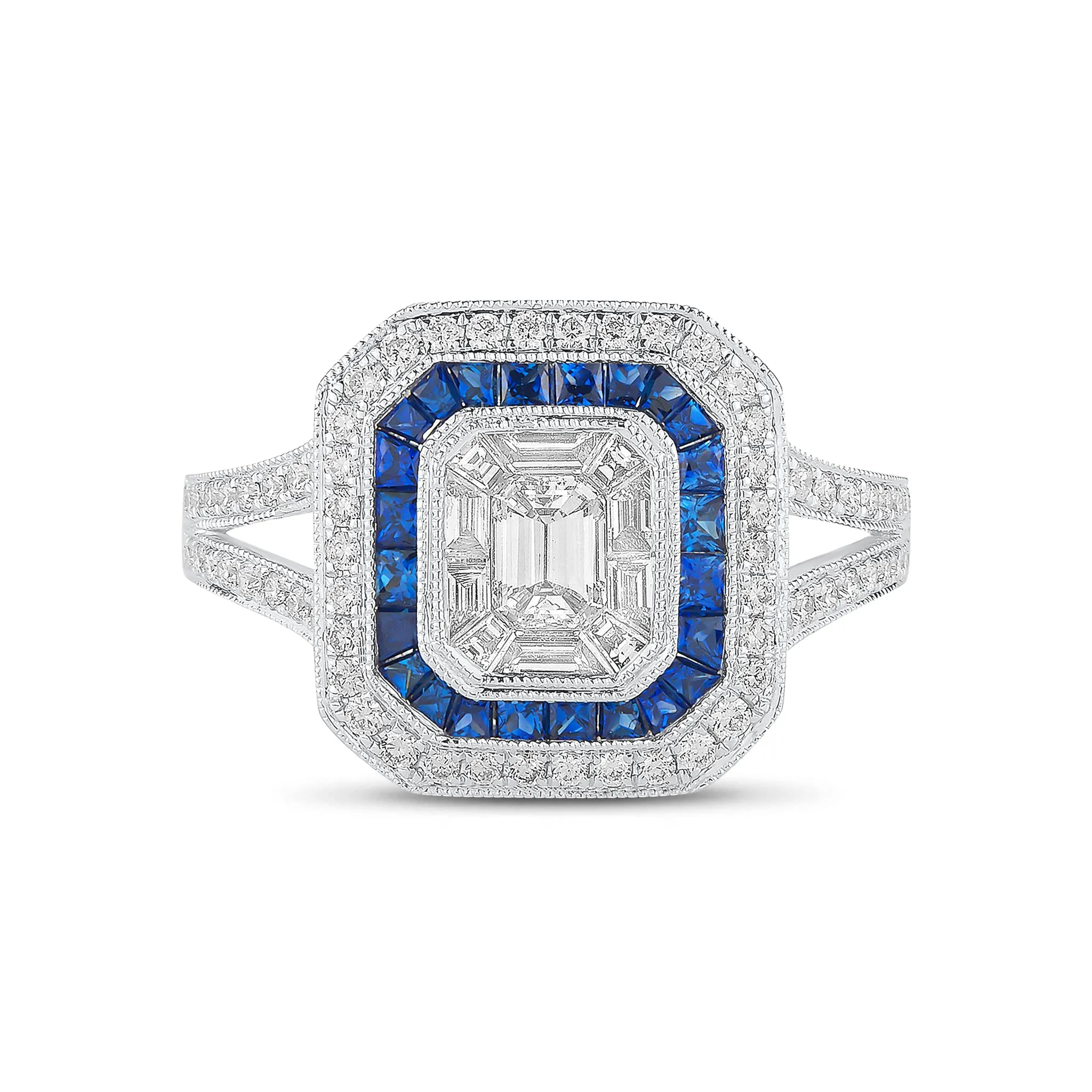 Emerald Cut Diamond and Sapphire Engagement Ring