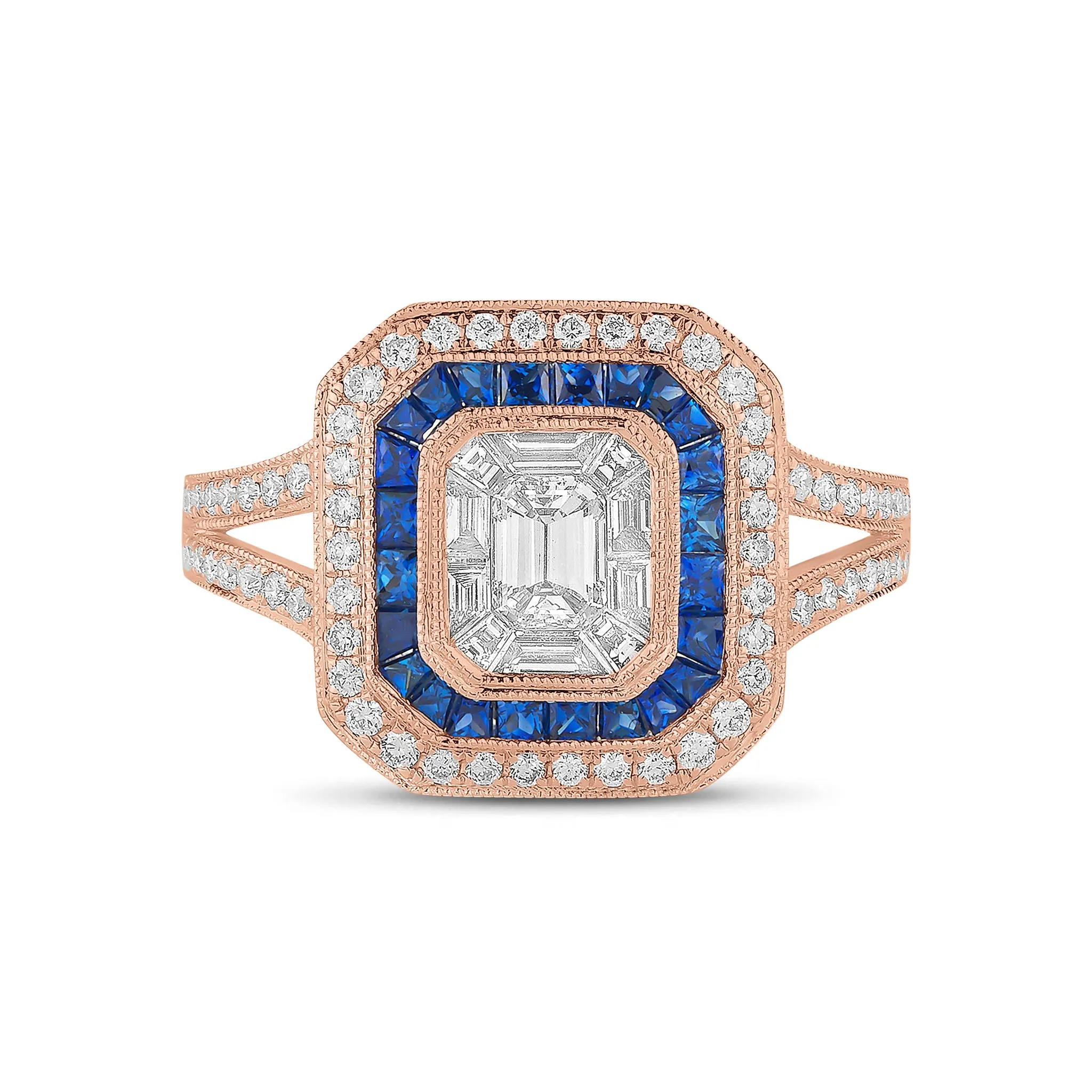 Emerald Cut Diamond and Sapphire Engagement Ring