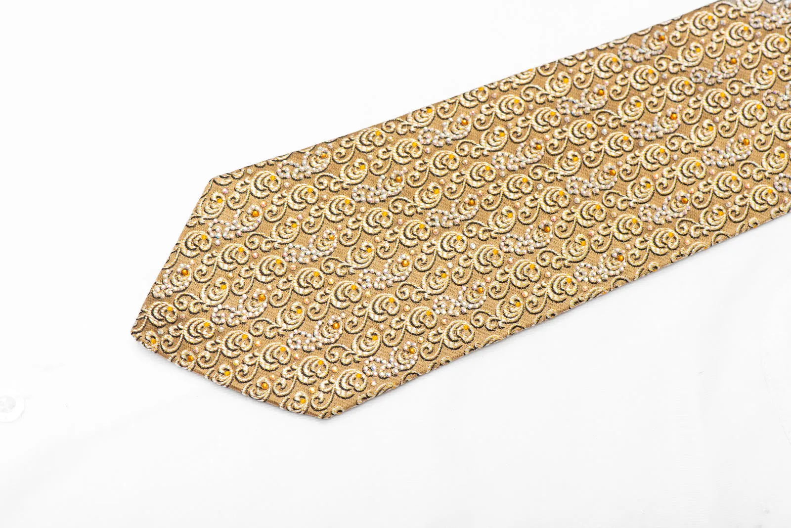 Filigree On Gold Rhinestone Silk Necktie With Gold Sparkles