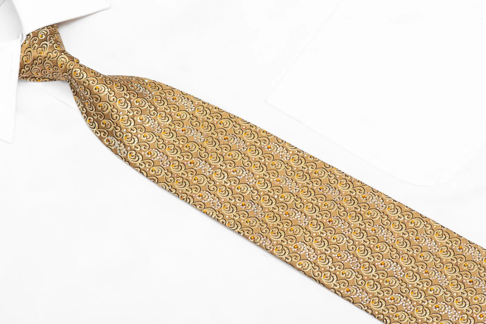 Filigree On Gold Rhinestone Silk Necktie With Gold Sparkles