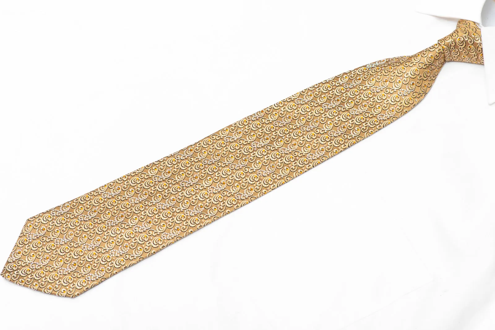 Filigree On Gold Rhinestone Silk Necktie With Gold Sparkles