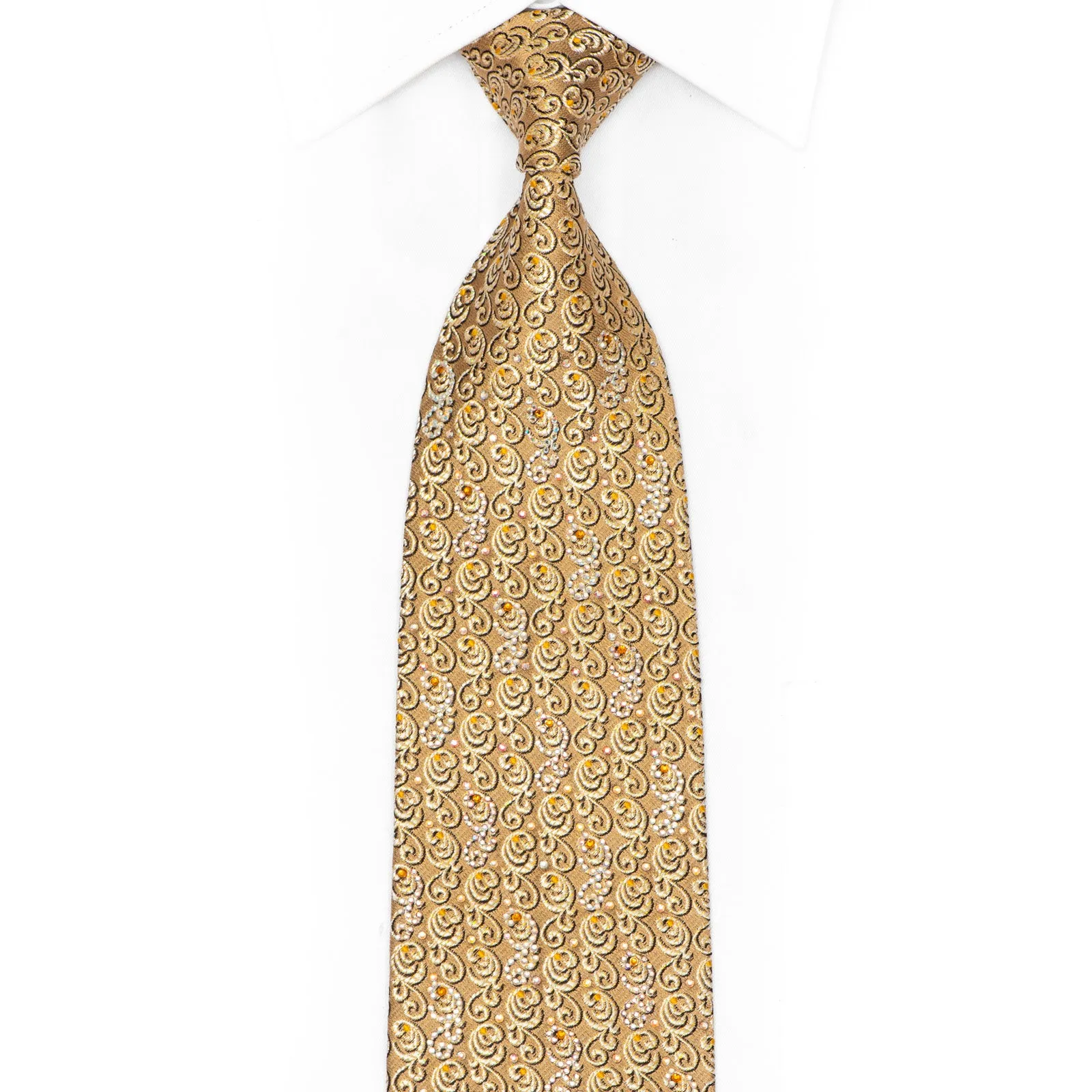 Filigree On Gold Rhinestone Silk Necktie With Gold Sparkles