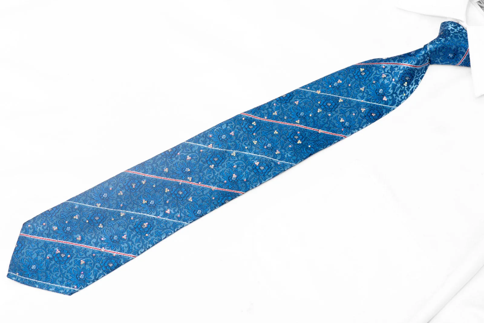 Floral & Striped On Blue Rhinestone Silk Tie With Silver Sparkles