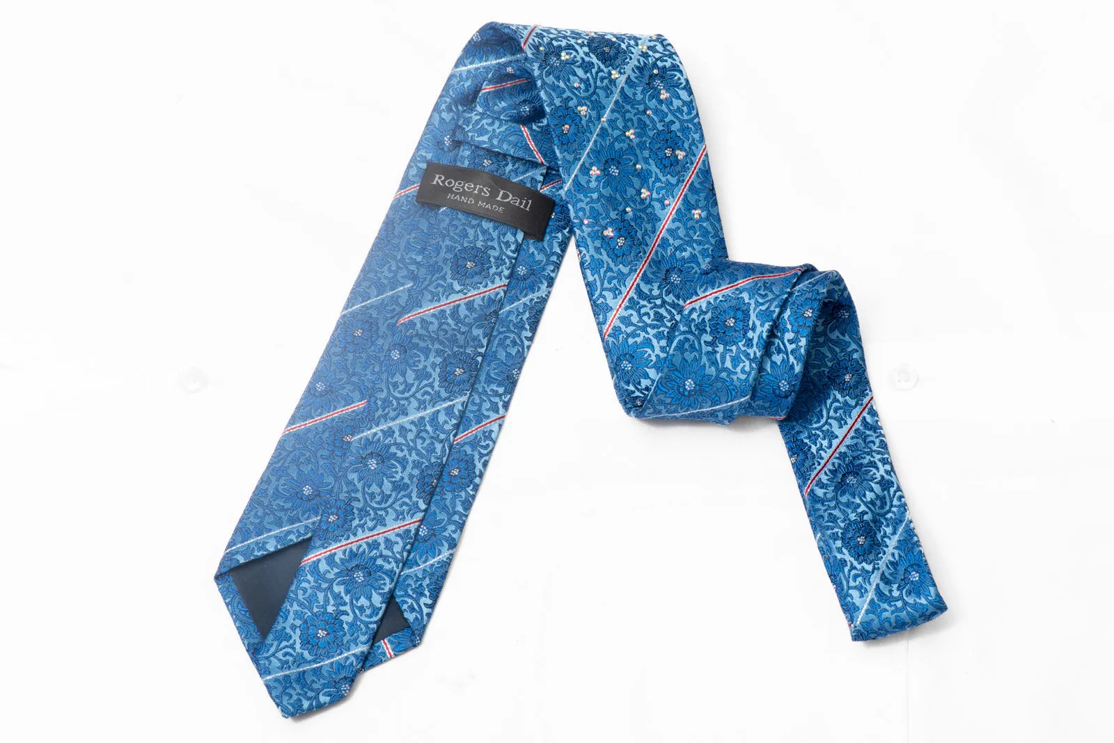 Floral & Striped On Blue Rhinestone Silk Tie With Silver Sparkles