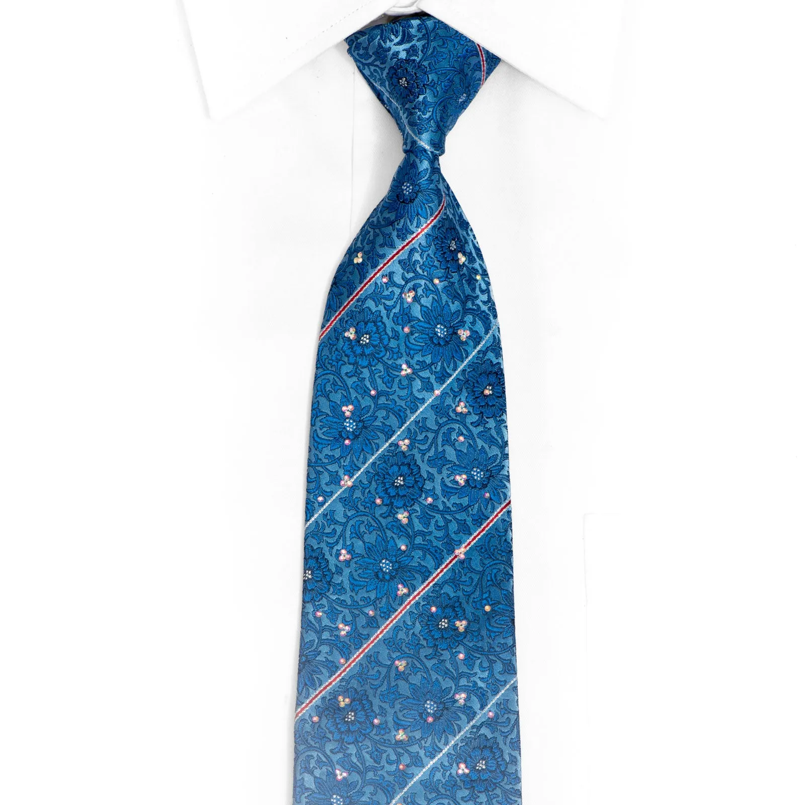 Floral & Striped On Blue Rhinestone Silk Tie With Silver Sparkles