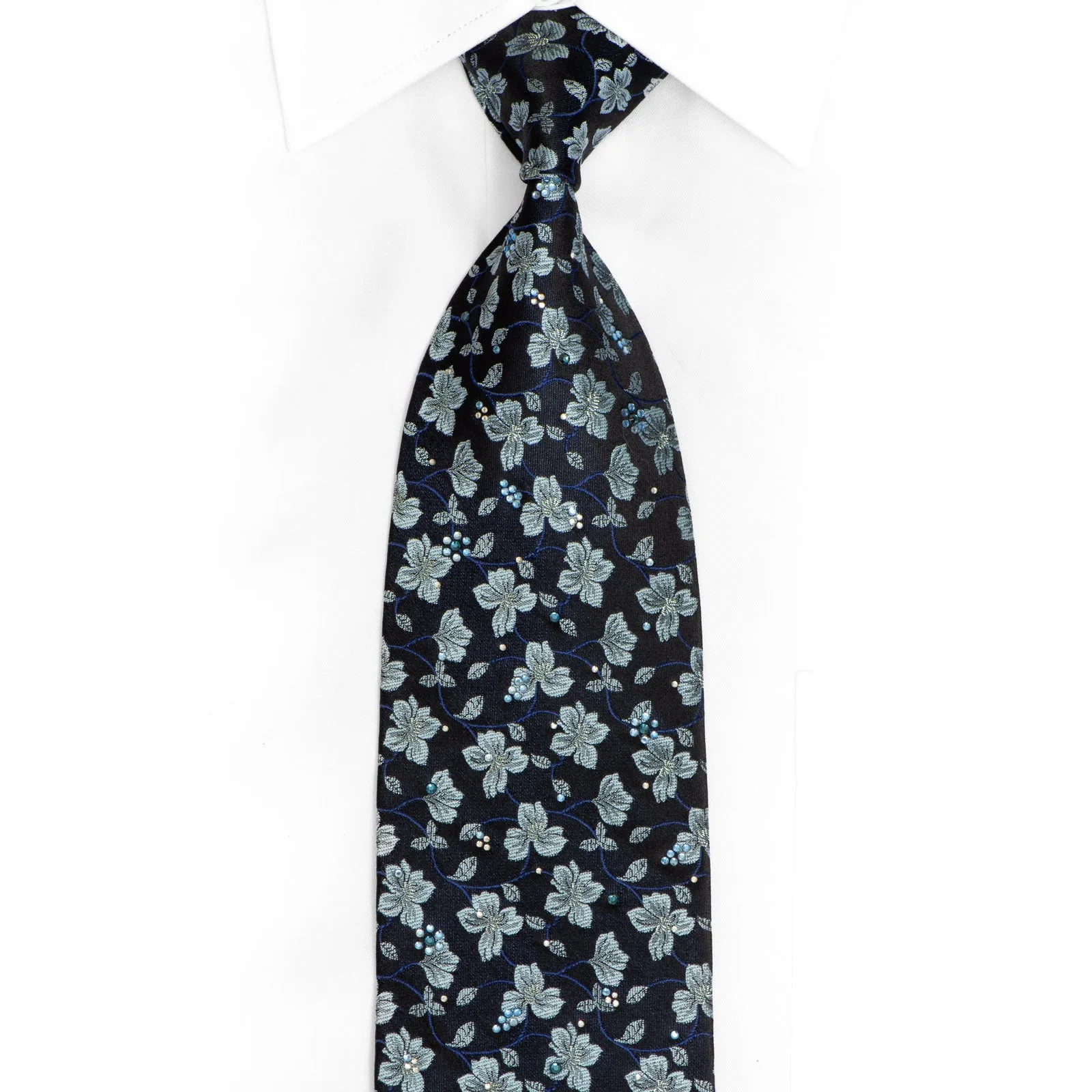 Floral On Navy Rhinestone Silk Necktie With Blue Silver Sparkles