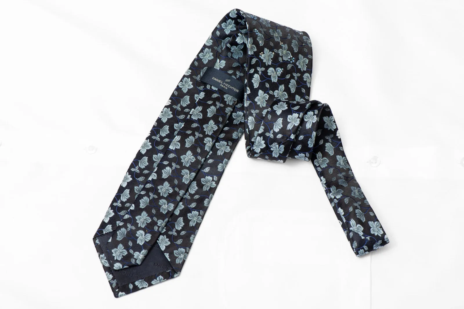 Floral On Navy Rhinestone Silk Necktie With Blue Silver Sparkles