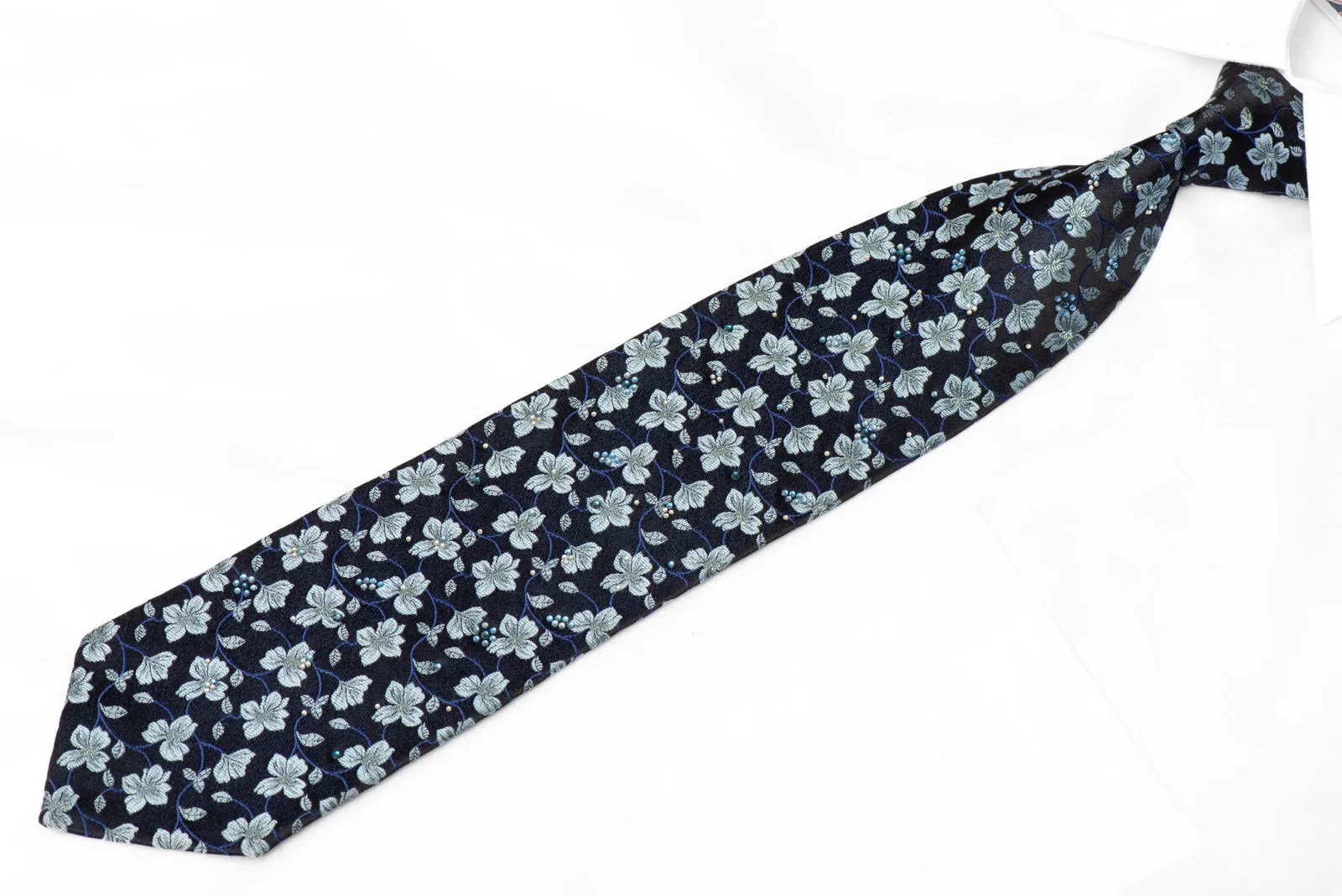 Floral On Navy Rhinestone Silk Necktie With Blue Silver Sparkles