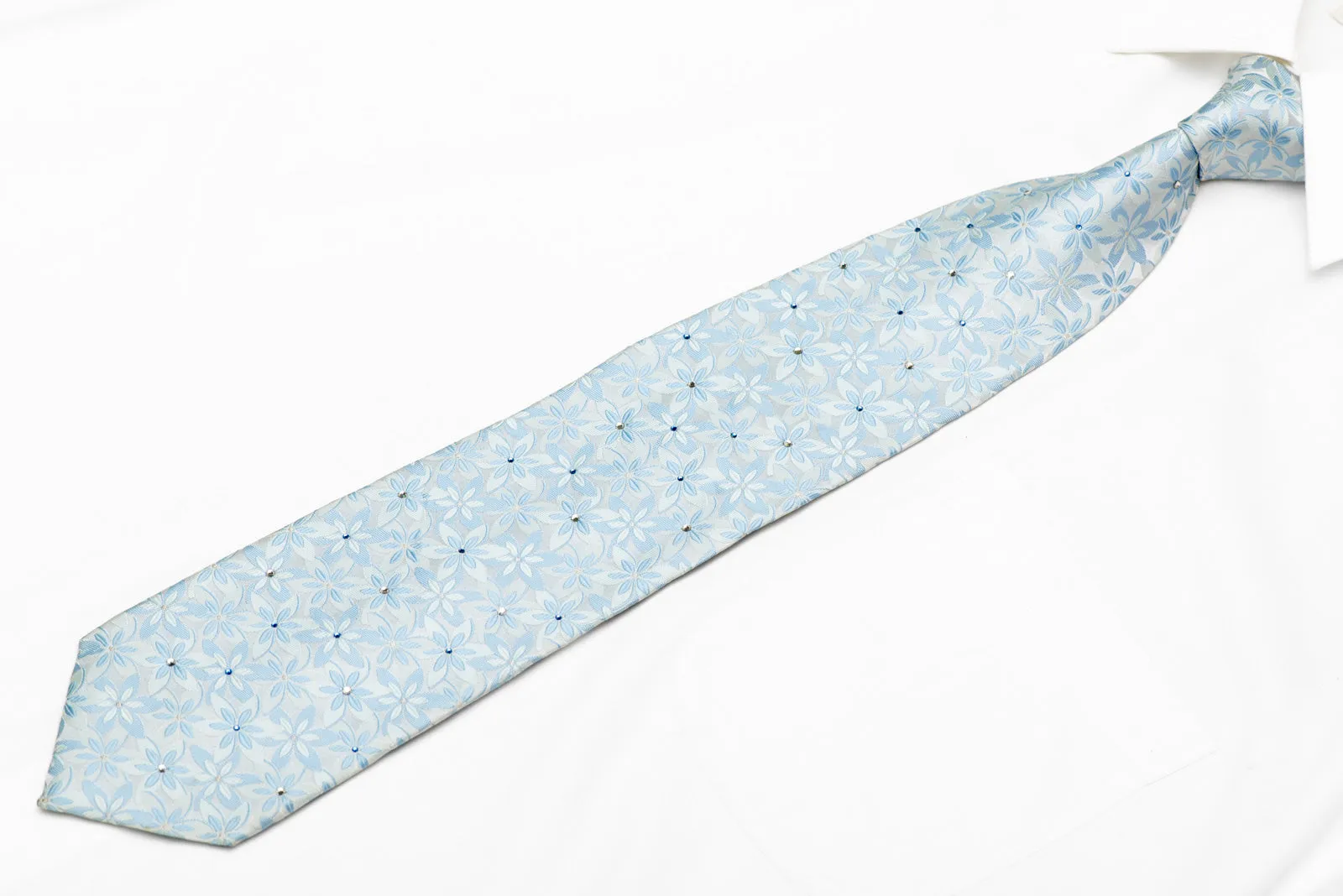 Floral On Pale Blue Rhinestone Silk Necktie With Sparkles