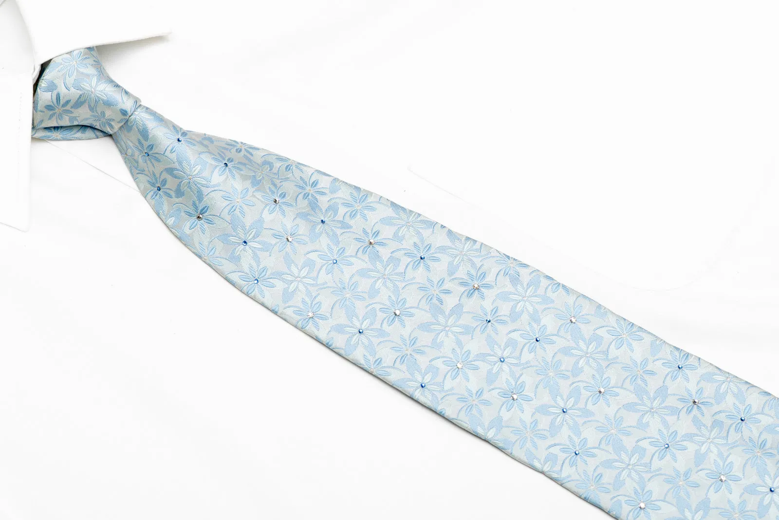 Floral On Pale Blue Rhinestone Silk Necktie With Sparkles