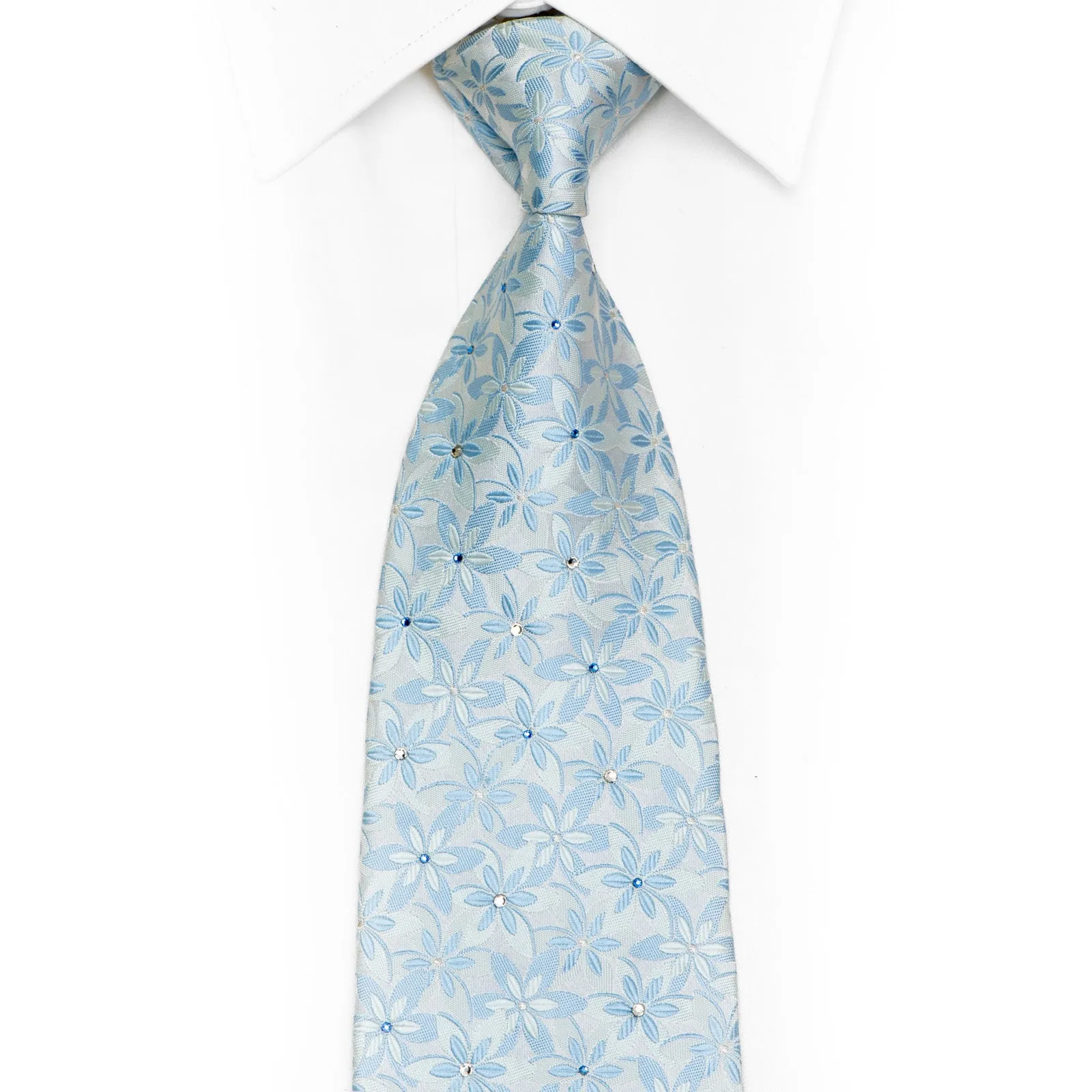 Floral On Pale Blue Rhinestone Silk Necktie With Sparkles