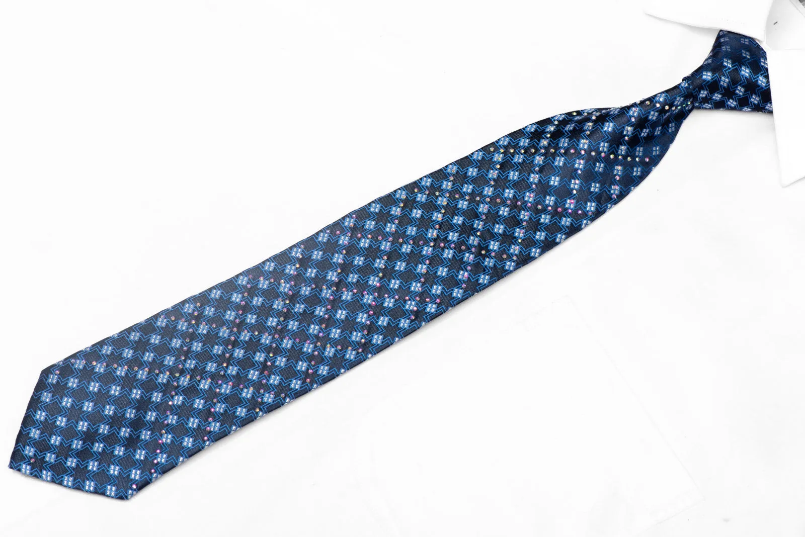 Geometric Design On Navy Rhinestone Silk Tie With Silver Sparkles