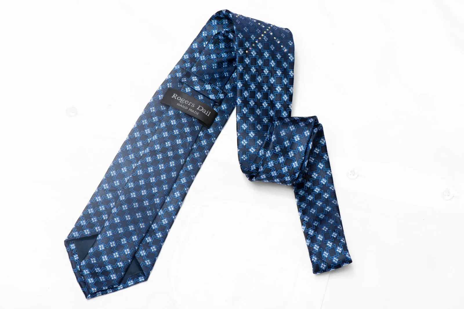 Geometric Design On Navy Rhinestone Silk Tie With Silver Sparkles