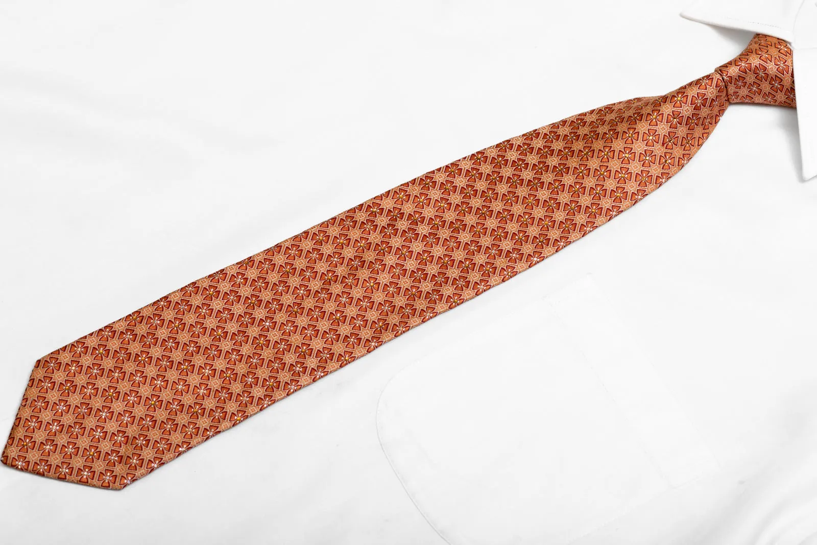 Geometric On Orange Rhinestone Silk Necktie With Silver Sparkles