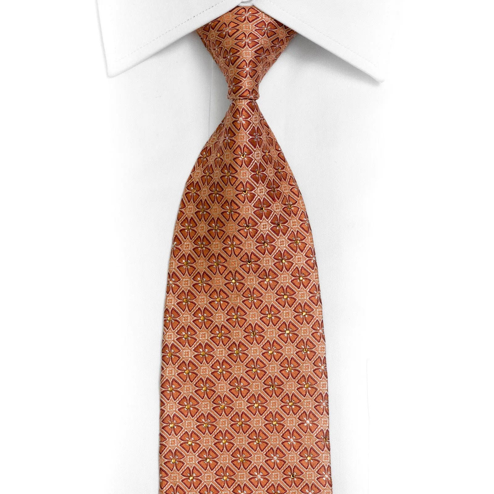 Geometric On Orange Rhinestone Silk Necktie With Silver Sparkles