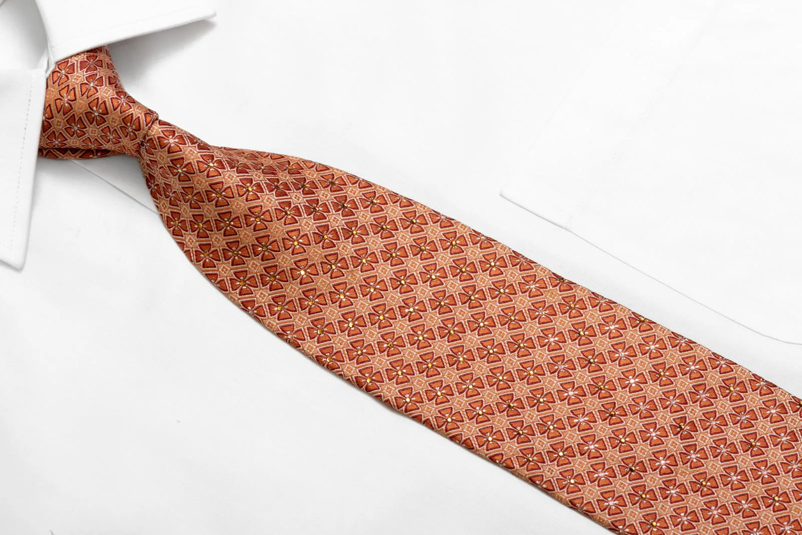 Geometric On Orange Rhinestone Silk Necktie With Silver Sparkles