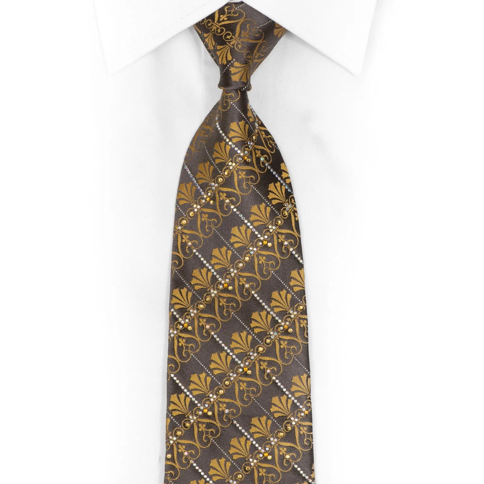 Gold Anthemion On Brown Rhinestone Silk Necktie With Silver Sparkles