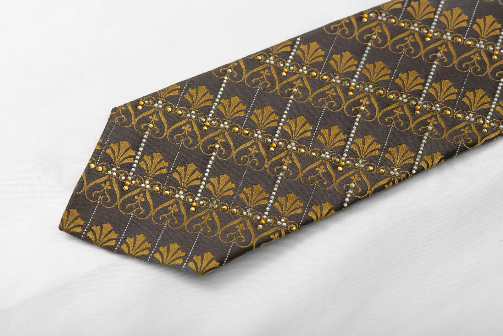 Gold Anthemion On Brown Rhinestone Silk Necktie With Silver Sparkles