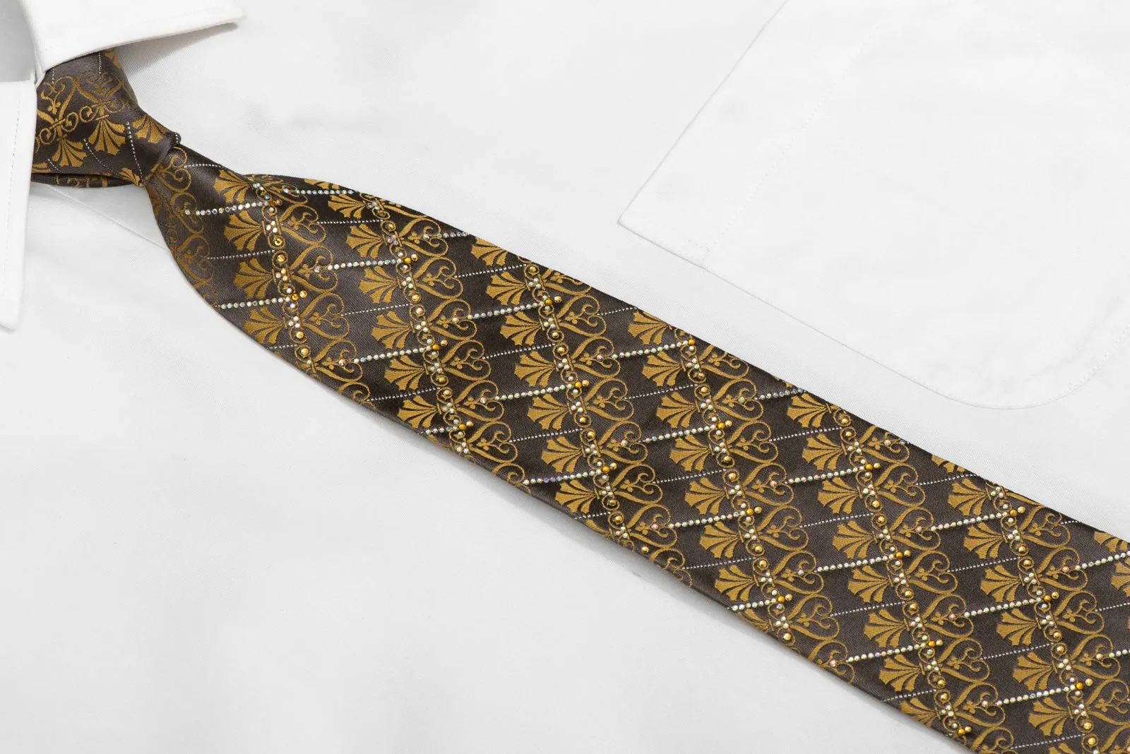 Gold Anthemion On Brown Rhinestone Silk Necktie With Silver Sparkles