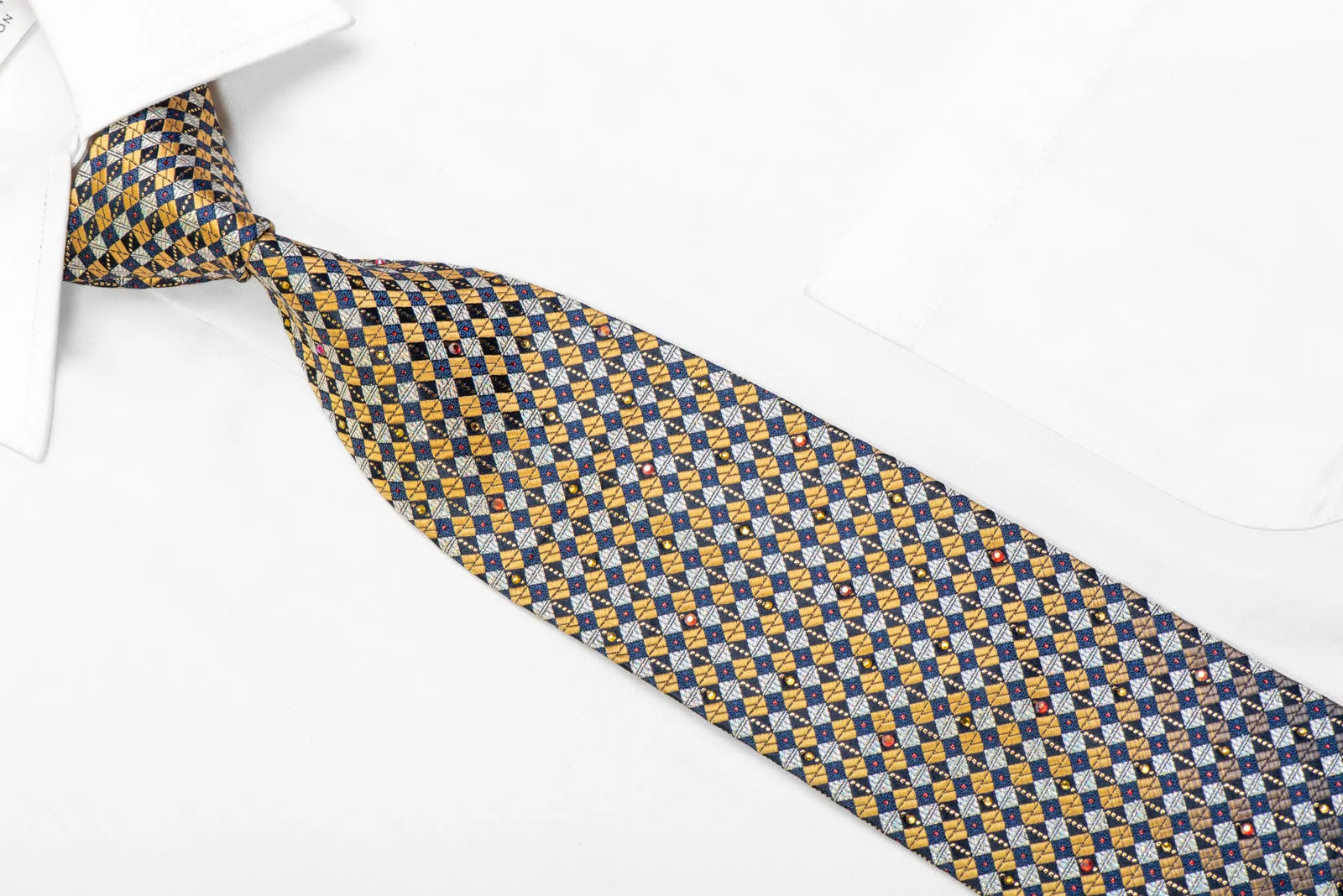 Gold Silver Navy Checkered Rhinestone Necktie With Gold Sparkles