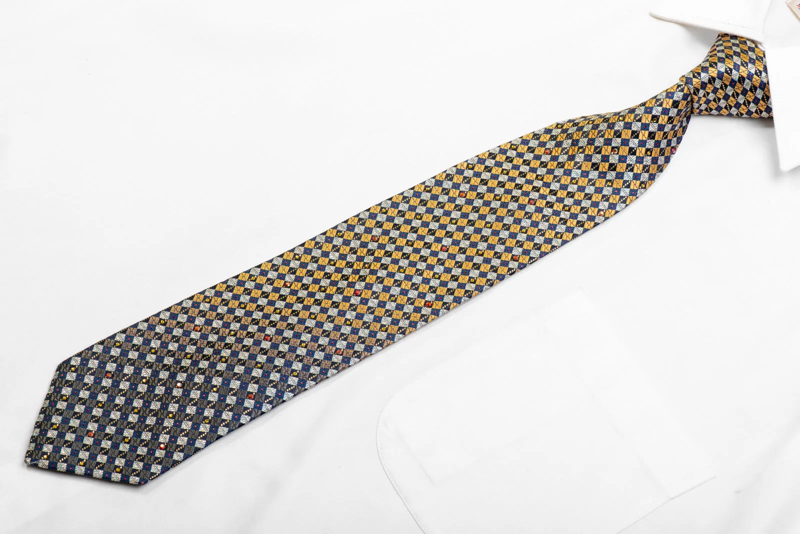 Gold Silver Navy Checkered Rhinestone Necktie With Gold Sparkles