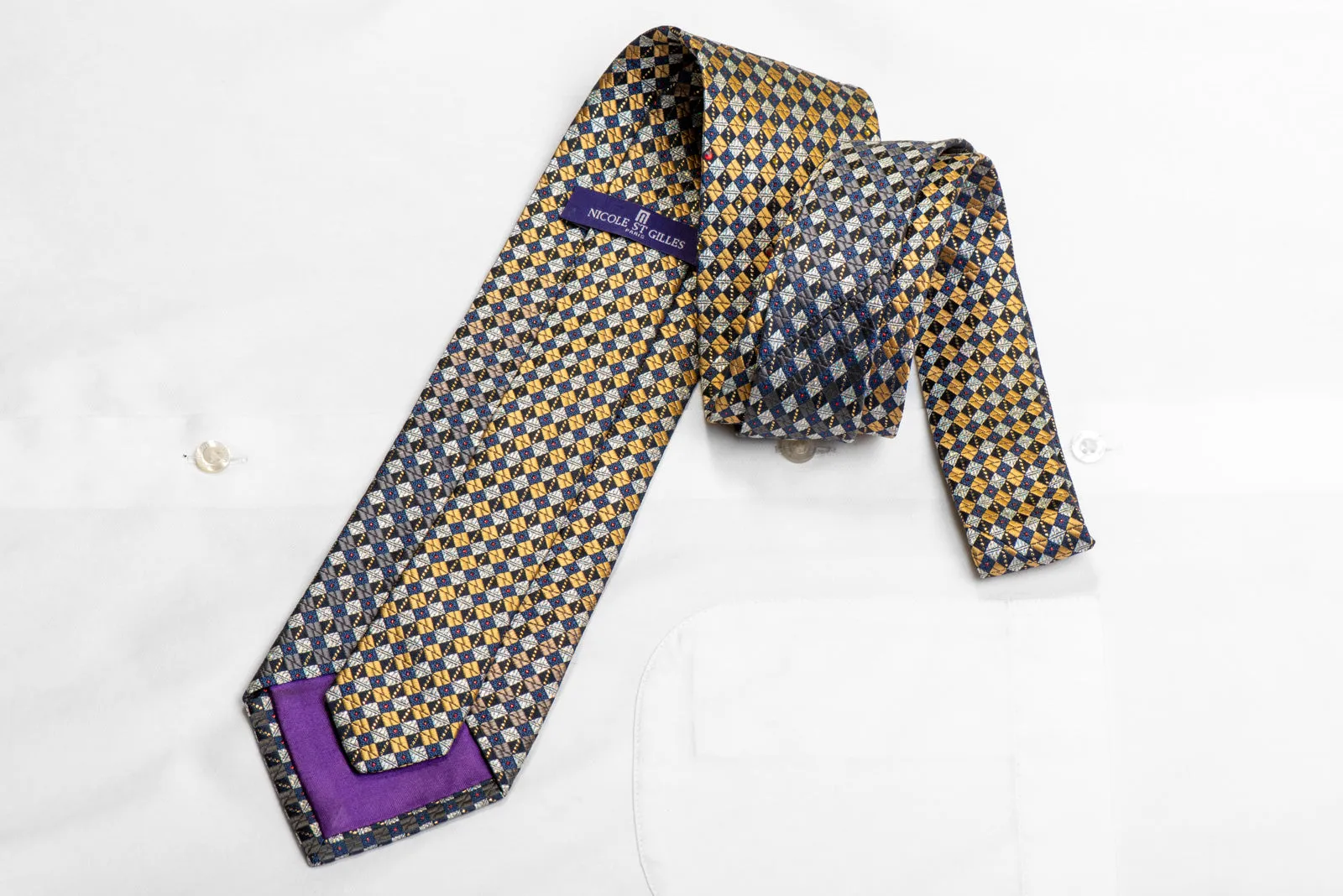 Gold Silver Navy Checkered Rhinestone Necktie With Gold Sparkles