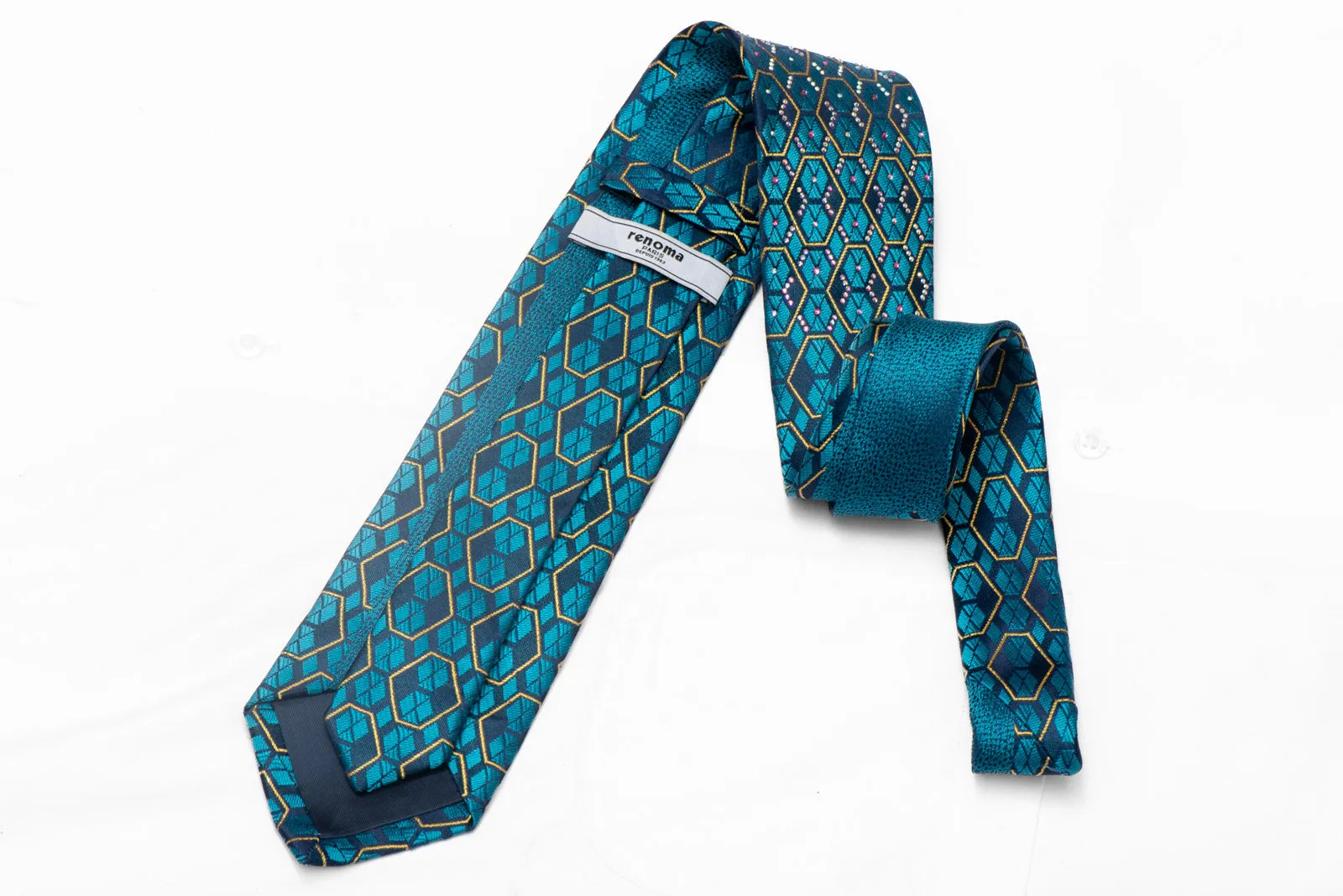 Gold Teal Geometric On Navy Rhinestone Silk Tie