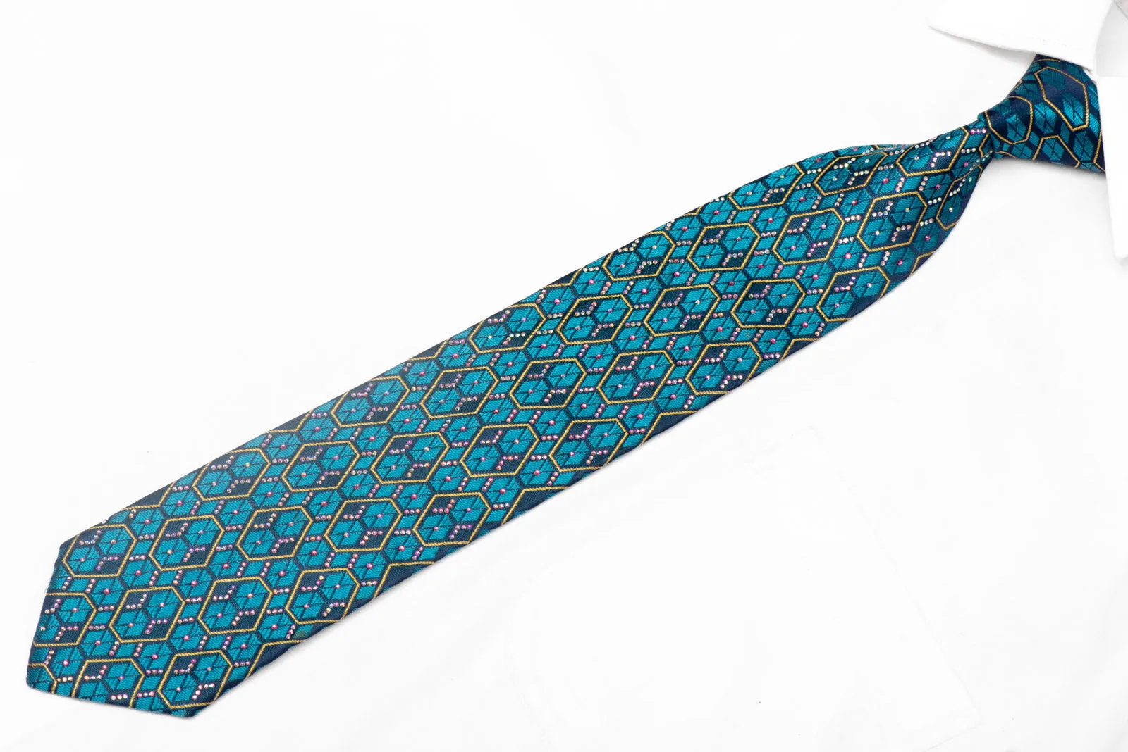 Gold Teal Geometric On Navy Rhinestone Silk Tie