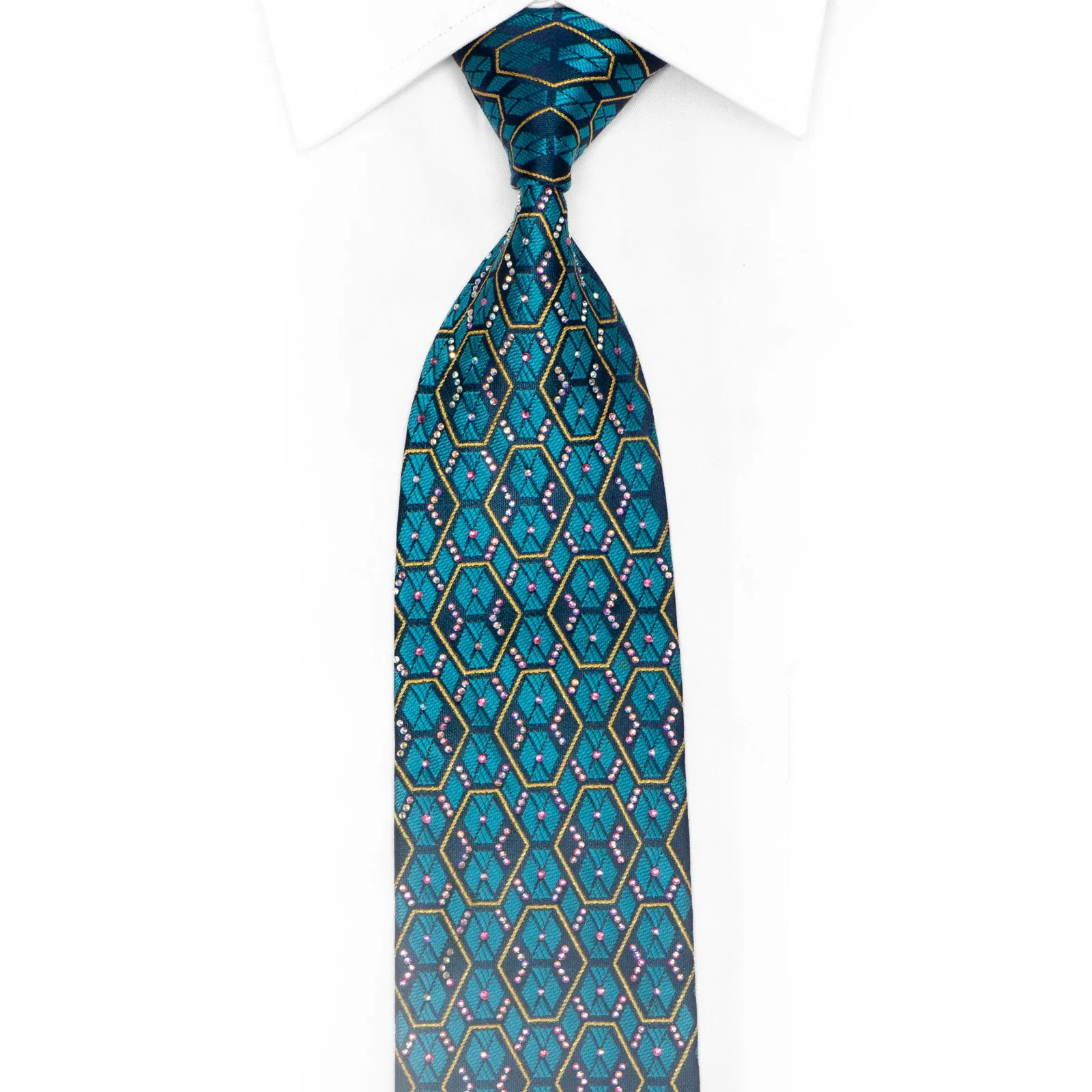 Gold Teal Geometric On Navy Rhinestone Silk Tie