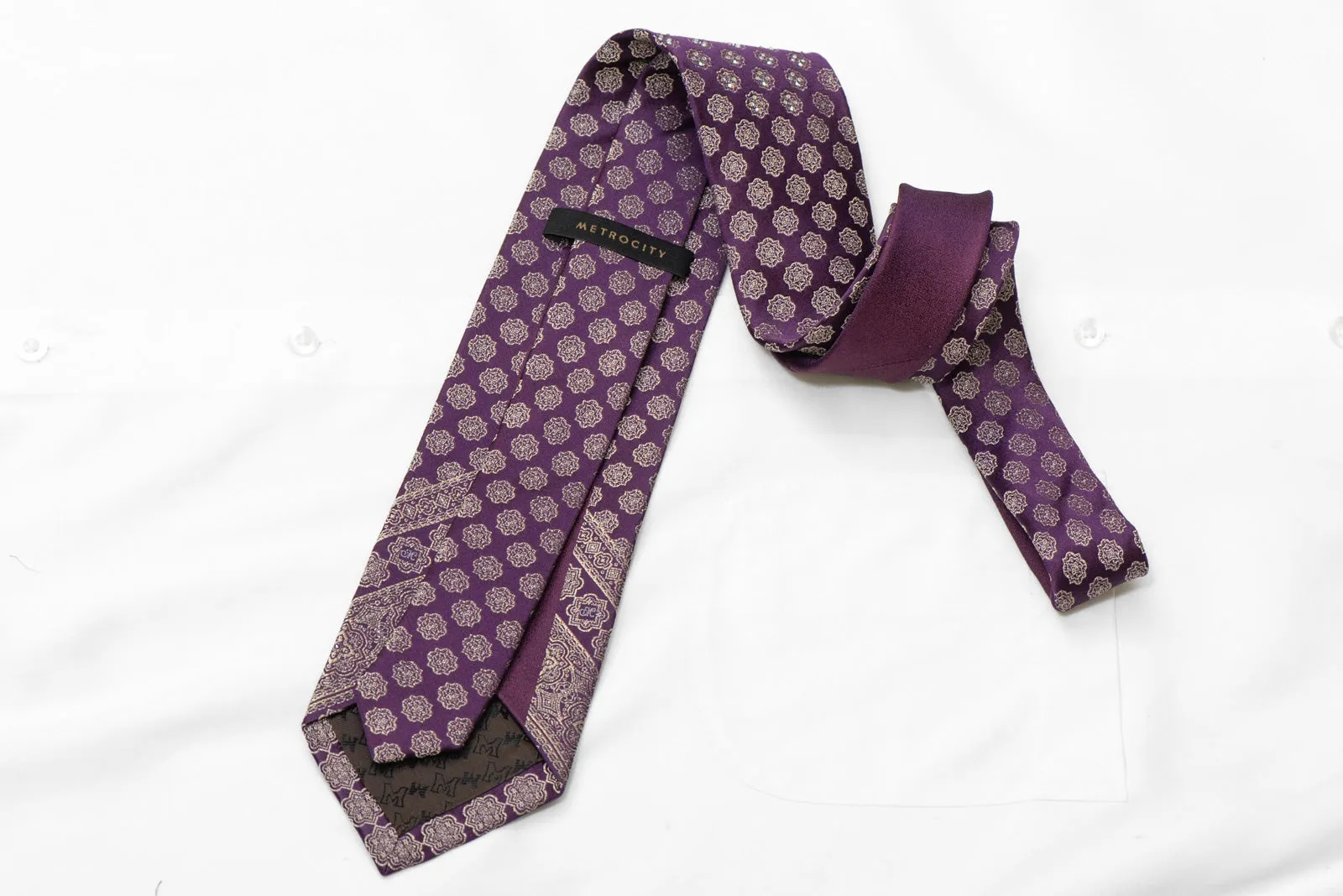 Golden Ornate On Purple Rhinestone Silk Tie With Gold Sparkles