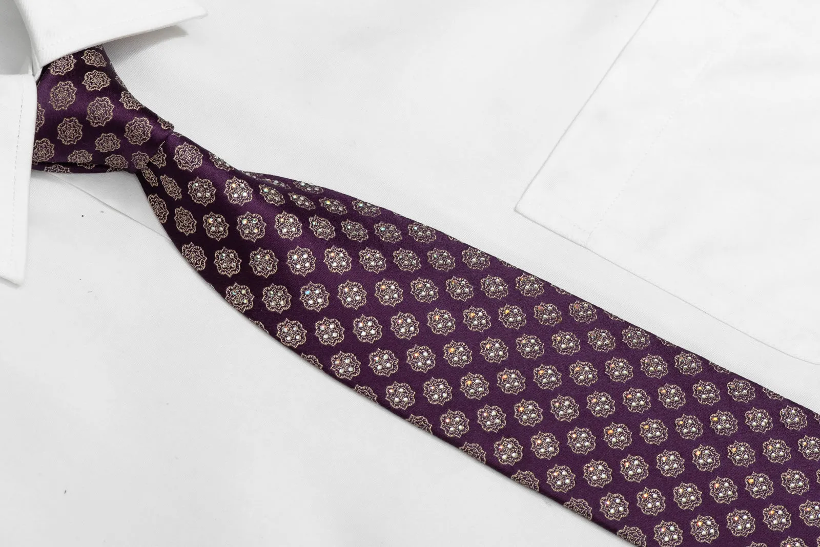 Golden Ornate On Purple Rhinestone Silk Tie With Gold Sparkles