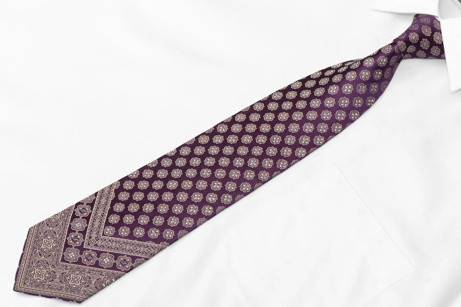 Golden Ornate On Purple Rhinestone Silk Tie With Gold Sparkles