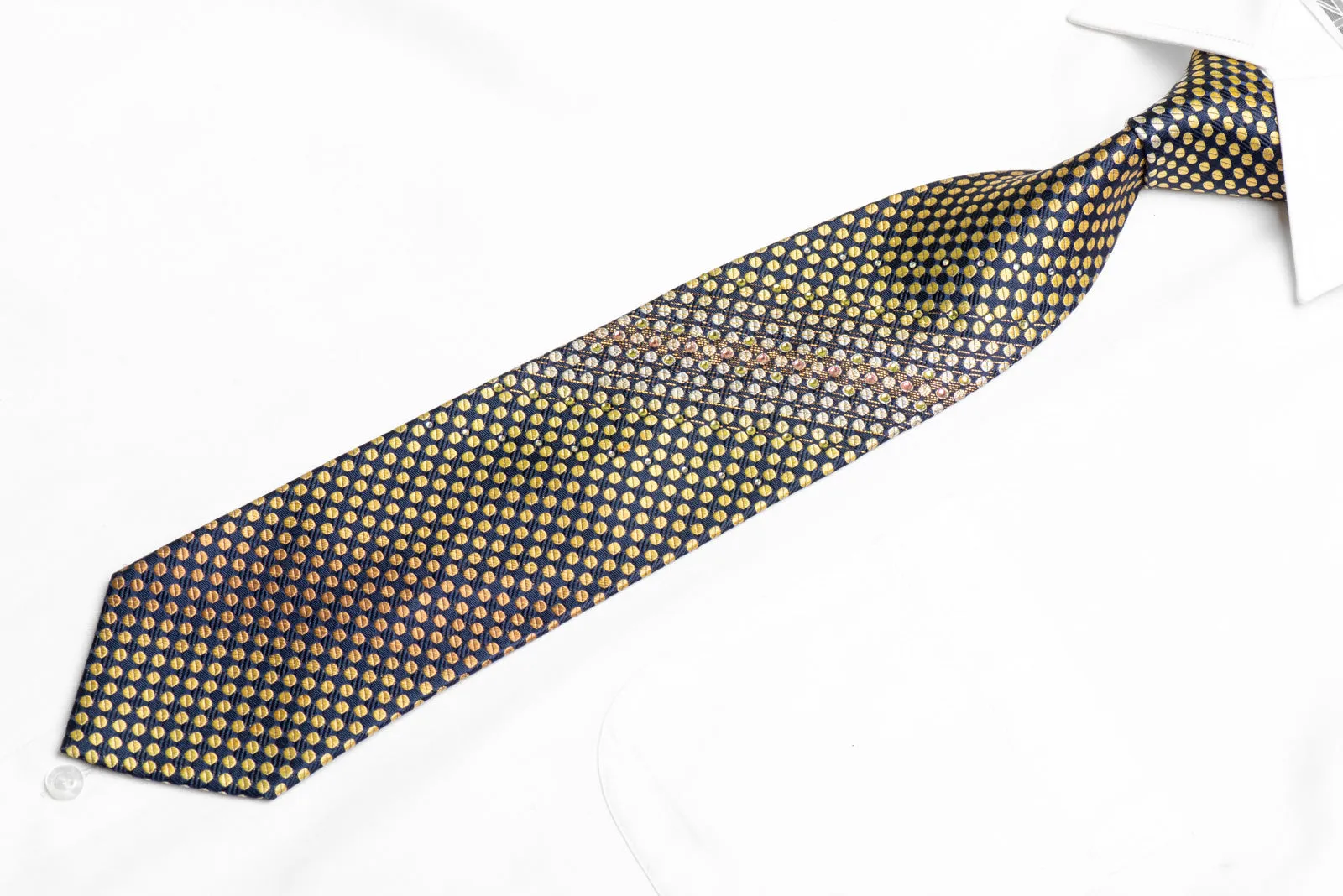 Golden Yellow Geometric Dots On Navy Blue Rhinestone Tie With Sparkles